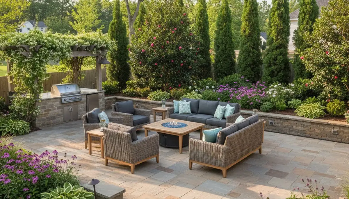 Backyard patio and outdoor living space with lighting and plants by landscapers in Wilmington, NC