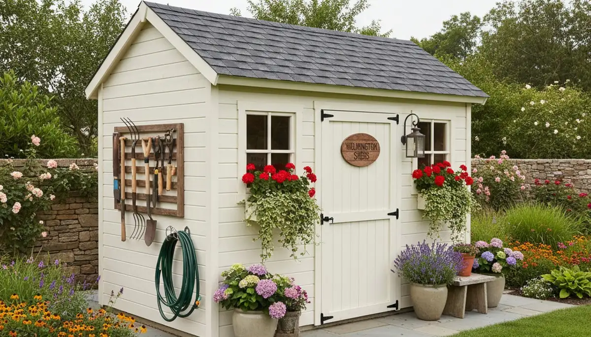 Decorative garden shed in Wilmington NC landscape with pathway, window boxes, and lush plantings