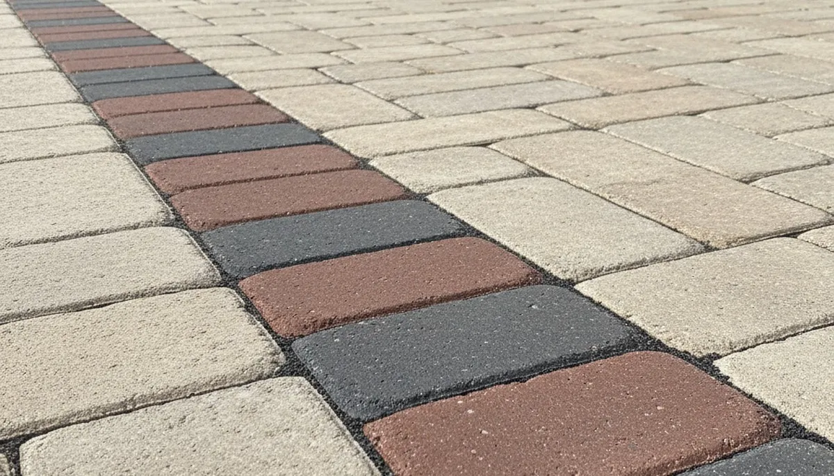 Decorative paver border and soldier course edging on a finished driveway in Wilmington, NC landscaping project