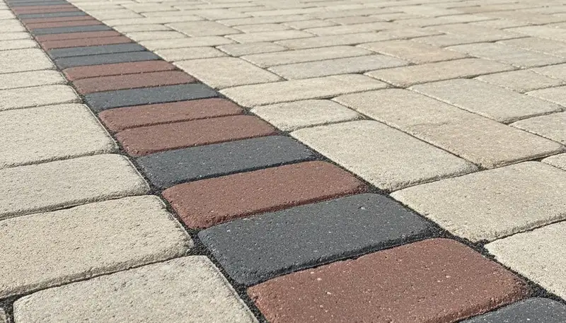 Decorative paver border and soldier course edging on a finished driveway in Wilmington, NC landscaping project