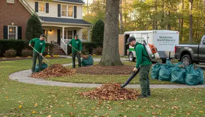 Technicians performing fall leaf removal and yard clean up in Wilmington, NC residential landscape