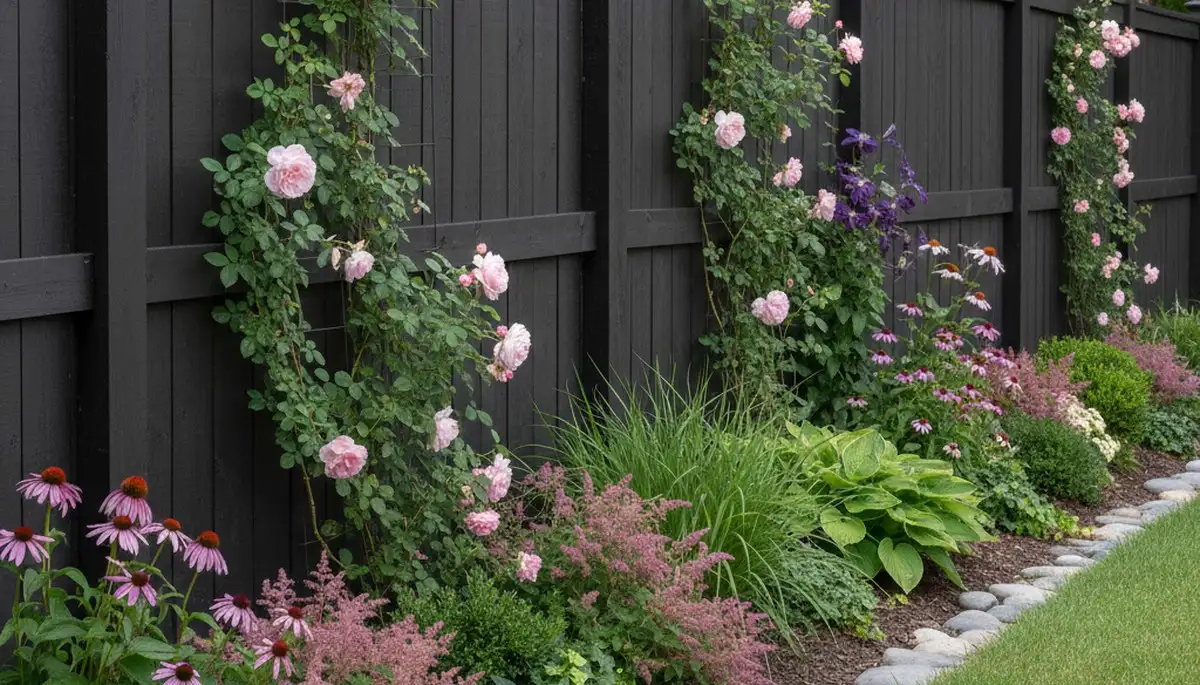 Modern fence with integrated landscape beds and climbing plants in Wilmington, NC yard design