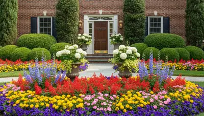 Front yard landscape design with flowers and shrubs enhancing curb appeal in Wilmington, NC
