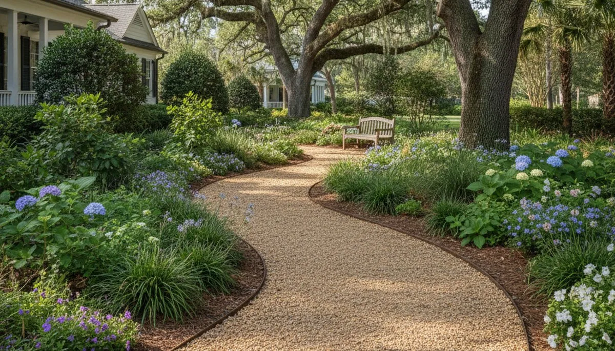 Professional pea gravel garden path installation in Wilmington, NC landscape by Chop Chop Landscaping