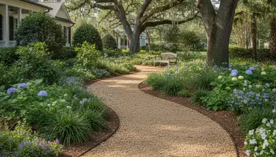 Professional pea gravel garden path installation in Wilmington, NC landscape by Chop Chop Landscaping