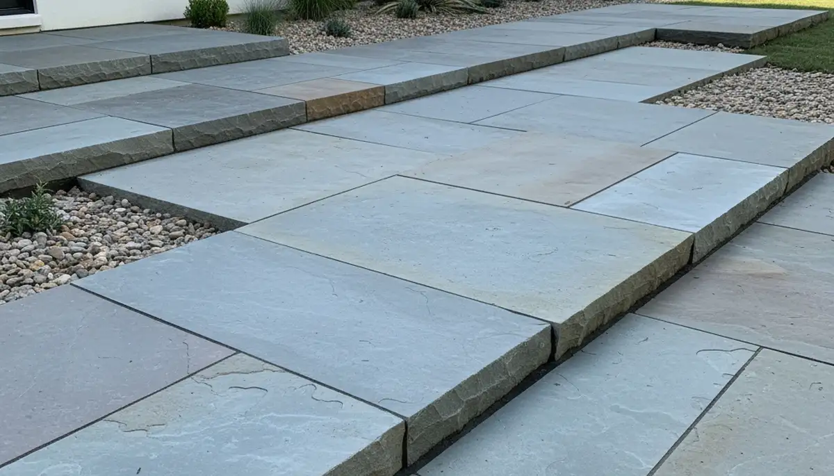 Large format stone slab patio installation by professional landscapers in Wilmington, NC