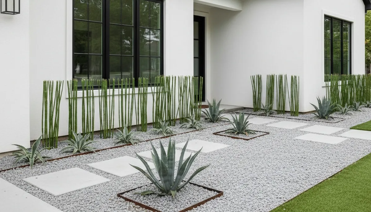 Modern pea gravel landscaping with geometric design in Wilmington, NC by Chop Chop Landscaping