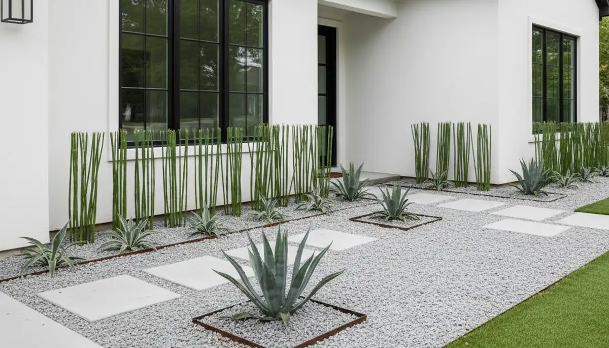 Modern pea gravel landscaping with geometric design in Wilmington, NC by Chop Chop Landscaping