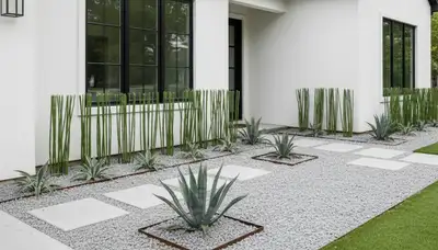 Modern pea gravel landscaping with geometric design in Wilmington, NC by Chop Chop Landscaping