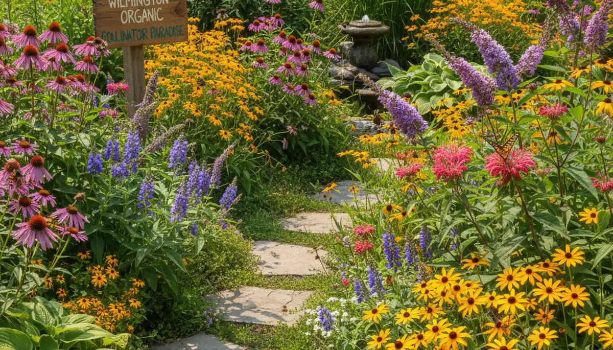 Vibrant native pollinator garden with bees and butterflies by organic landscapers in Wilmington, NC