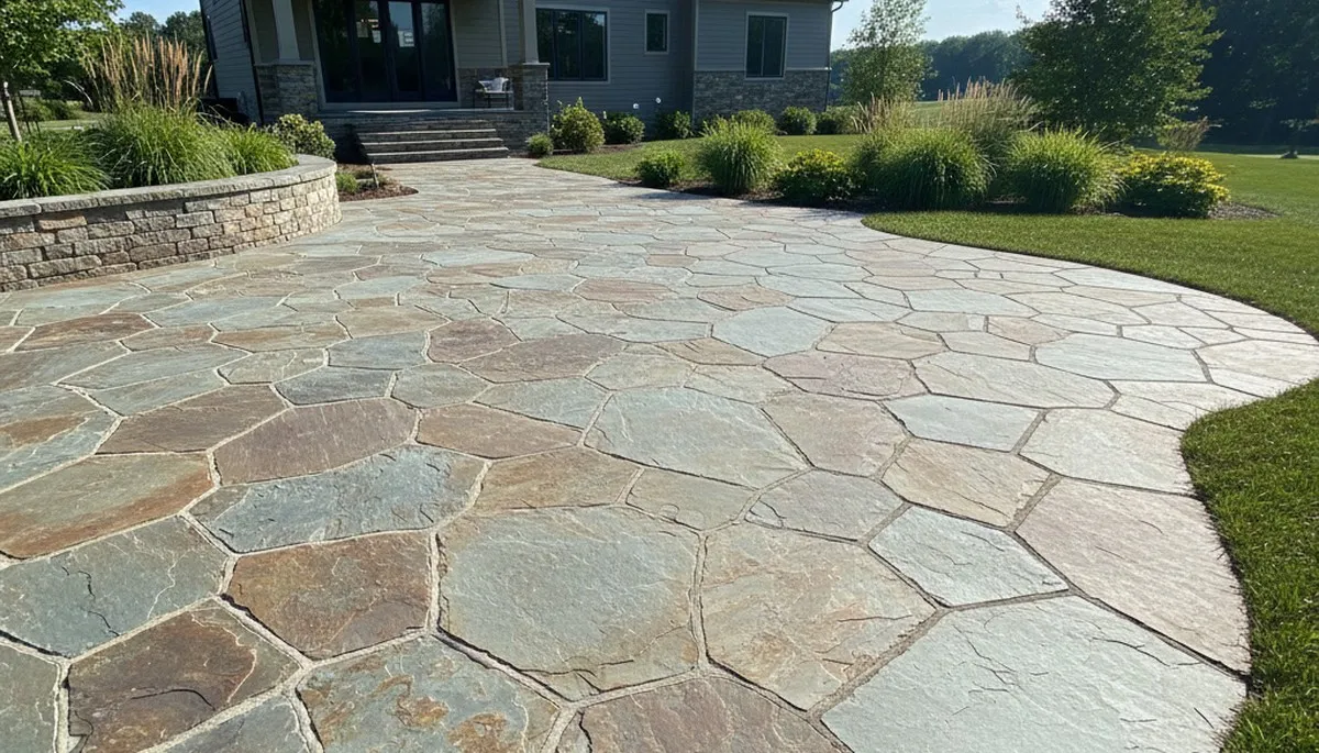 Natural flagstone patio with slate pavers by Chop Chop Landscaping in Wilmington, NC
