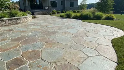Natural flagstone patio with slate pavers by Chop Chop Landscaping in Wilmington, NC