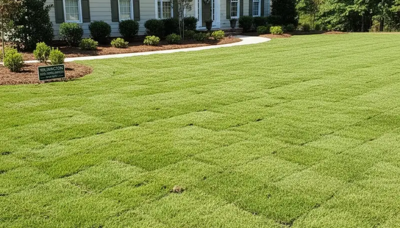 Freshly installed green sod lawn showing instant yard transformation in Wilmington, NC landscaping project