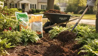 Applying organic compost to landscape beds for healthy soil in Wilmington, NC landscaping service