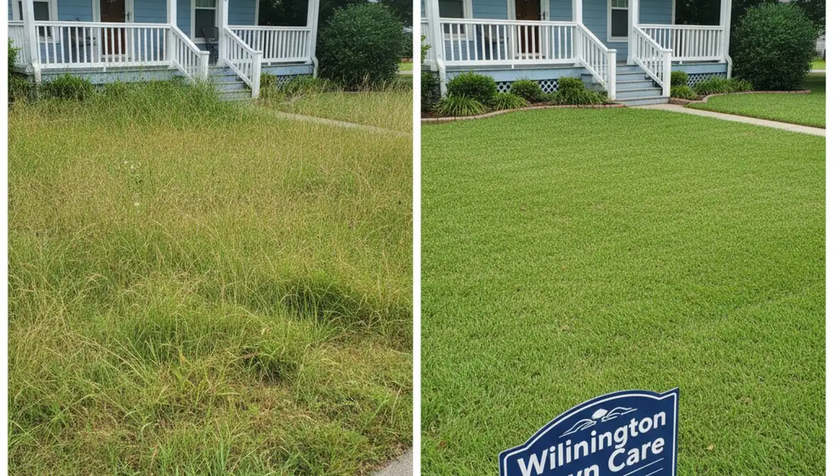 Before and after lawn mowing showing lush green yard transformation in Wilmington, NC