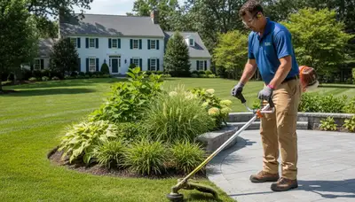 Technician performing precision lawn edging with string trimmer in Wilmington, NC landscaping service