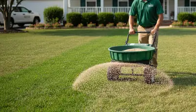 Lawn care technician applying fertilizer with broadcast spreader in Wilmington, NC yard