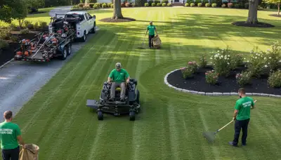 Professional lawn care crew mowing and edging a Wilmington NC property for Chop Chop Landscaping