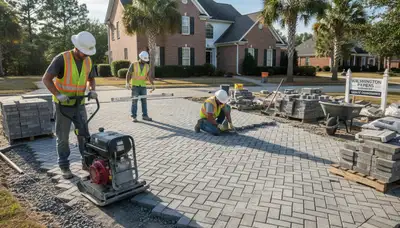 Crew installing driveway pavers in Wilmington NC with professional landscaping and base preparation
