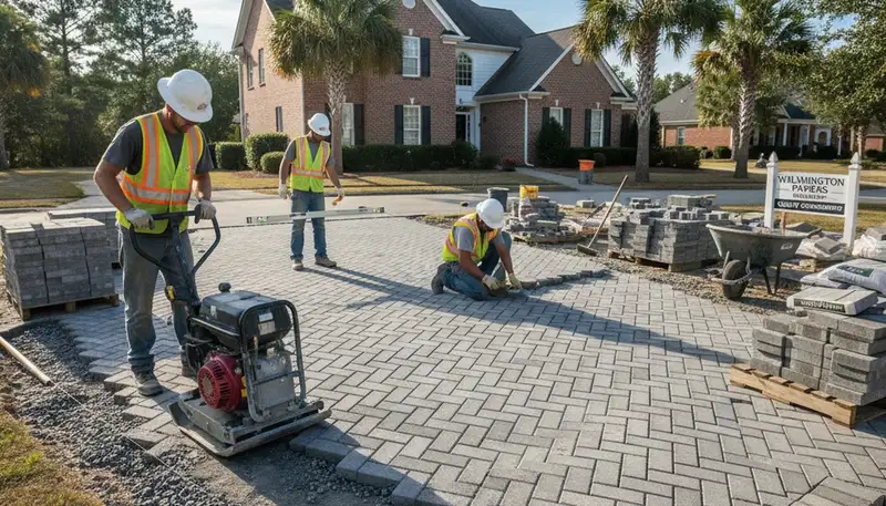 Crew installing driveway pavers in Wilmington NC with professional landscaping and base preparation