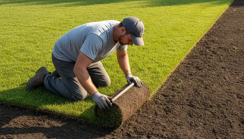 Professional landscaper installing fresh sod rolls in Wilmington NC yard for lush, even lawn results