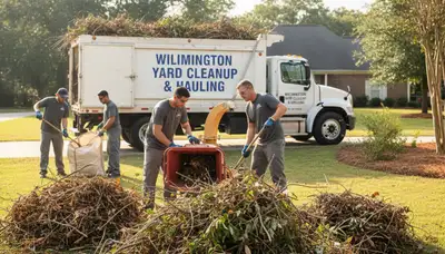 Landscaping crew hauling yard debris and branches during professional yard clean up in Wilmington, NC