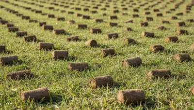 Close-up of lawn aeration soil cores on Wilmington NC turf by Chop Chop Landscaping