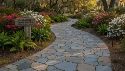 Curved stone paver walkway installed by Chop Chop Landscaping in Wilmington, NC landscape setting
