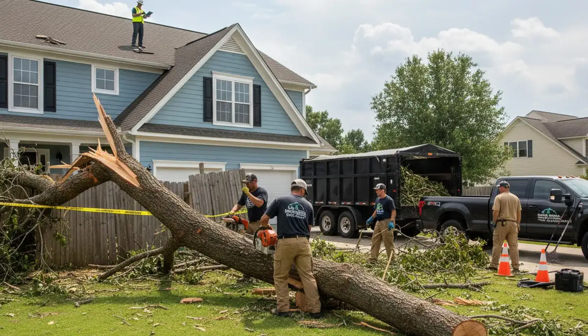 Storm damage yard cleanup crew removing debris at a Wilmington, NC home by Chop Chop Landscaping