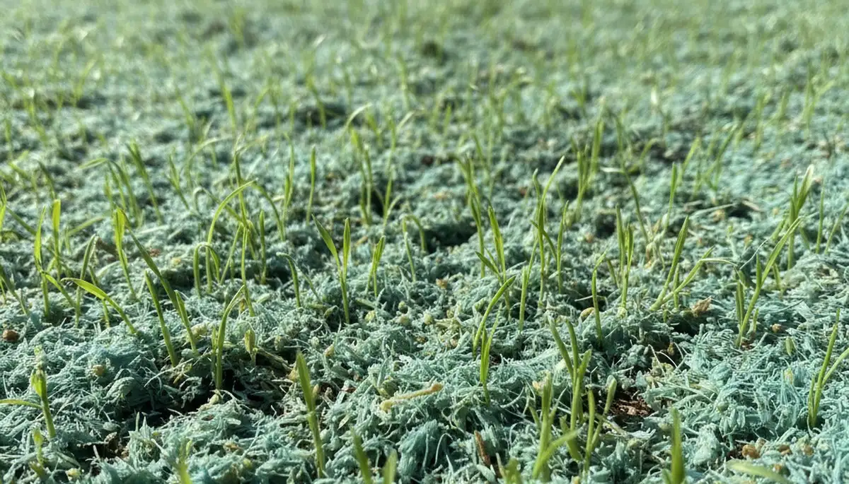 Young grass seedlings emerging from freshly applied hydroseed in Wilmington, NC lawn installation